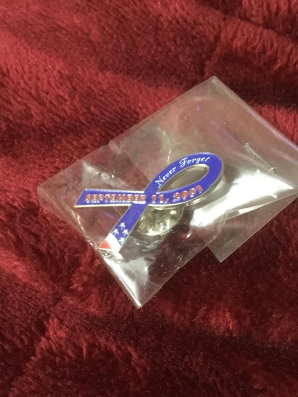 9-11 Never Forget Lapel Pin (Red White Blue) - Picture 2 of 3